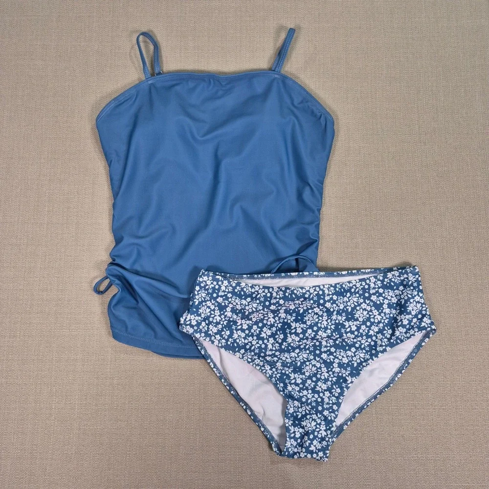 Girls Blue Floral Tankini Two Piece Swimsuit Set Ruched Side Size 17-18Y NWOT